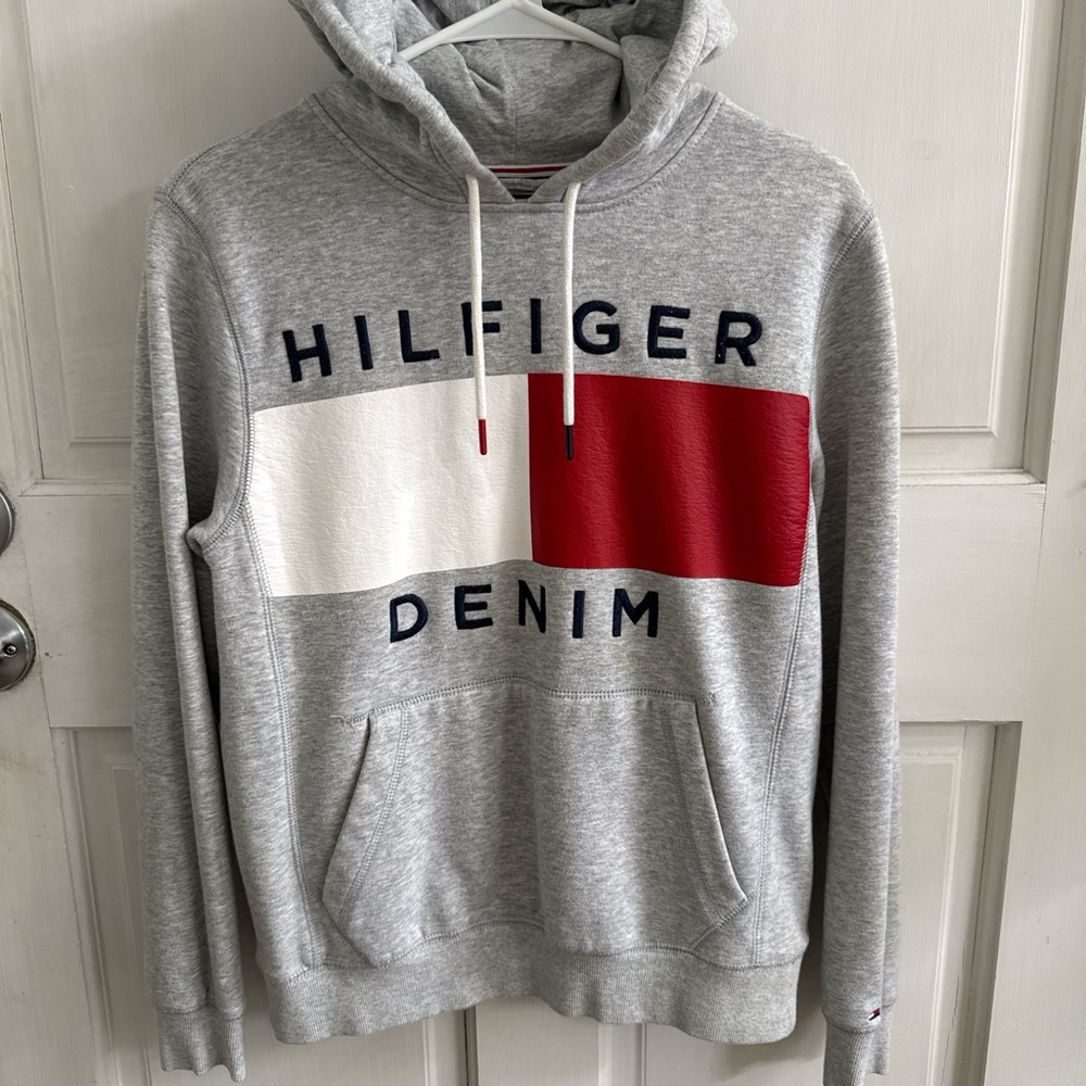 Tommy Hilfiger Gray Hoodie with Red and White Logo
